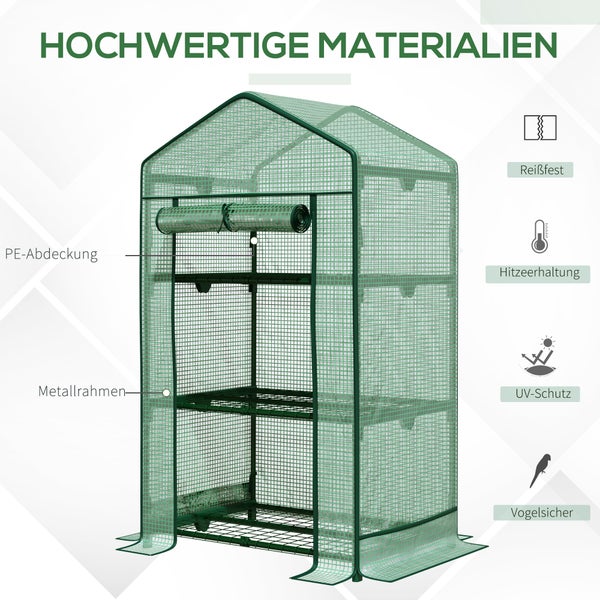 Outsunny Mini-Gewächshaus, mit Folienabdeckung und 3 Regalböden, 69 x 49 x 125 cm, Metall, PE, Grün