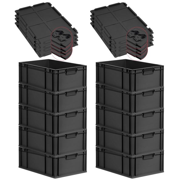 PROREGAL SuperSparSet 10x Eurobox NextGen Grip mit Scharnierdeckel und schwarzen Schiebeschnappverschlüssen, HxBxT 22x40x60cm, 44 Liter, Schwarz, Griffe geschlossen, Verstärkter Boden, Eurobehälter, Transportbox, Transportbehälter, Stapelbehälter