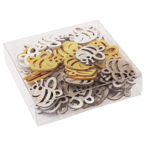 Dekorative Holzfiguren in Bienenform in einer transparenten Box