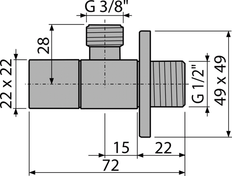 Technische Zeichnung eines Eckventils mit Maßen in Millimetern und Anschlüssen G 3/8 Zoll sowie G 1/2 Zoll.