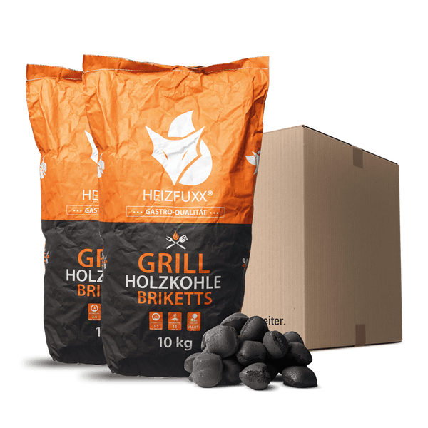 Heizfuxx Grill-Holzkohlebriketts, zwei 10-Kilogramm-Säcke und Versandkarton mit einem Haufen Briketts.