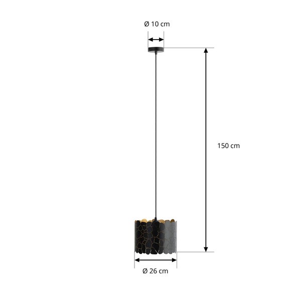 Pendelleuchte mit Maßen: Gesamthöhe 150 Zentimeter, Schirmdurchmesser 26 Zentimeter und Baldachindurchmesser 10 Zentimeter.