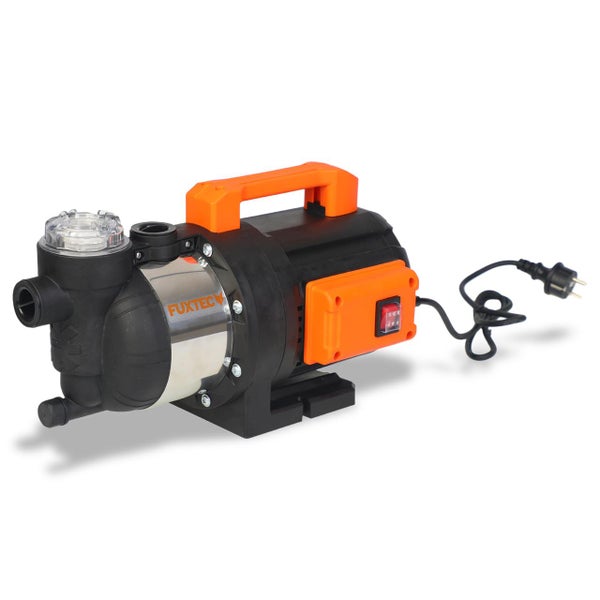 Fuxtec Gartenpumpe mit Edelstahlgehäuse, Tragegriff und Netzstecker.