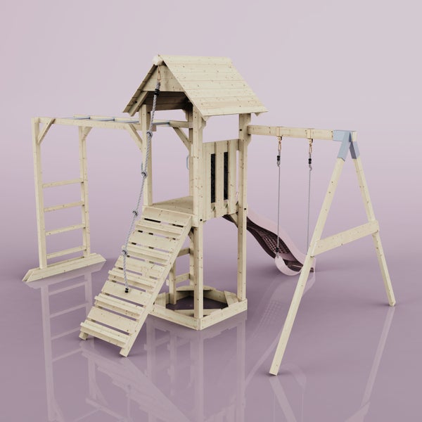 Holzspielplatz mit Turm, Rutsche, Schaukel und Kletterelementen