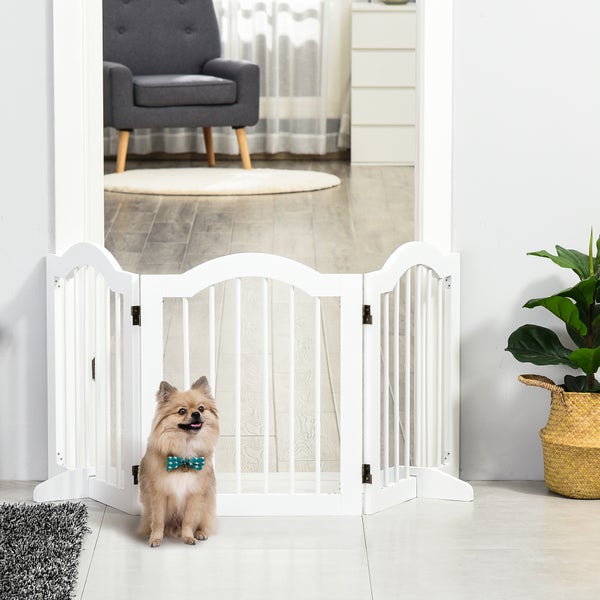 PawHut Absperrgitter Hund 3-teilig, 154,5 x 61 cm Faltbar Hundegitter mit Tür, Türschutzgitter mit 2 Stützfüßen, Freistehend Treppengitter für Küche, Flur, Weiß