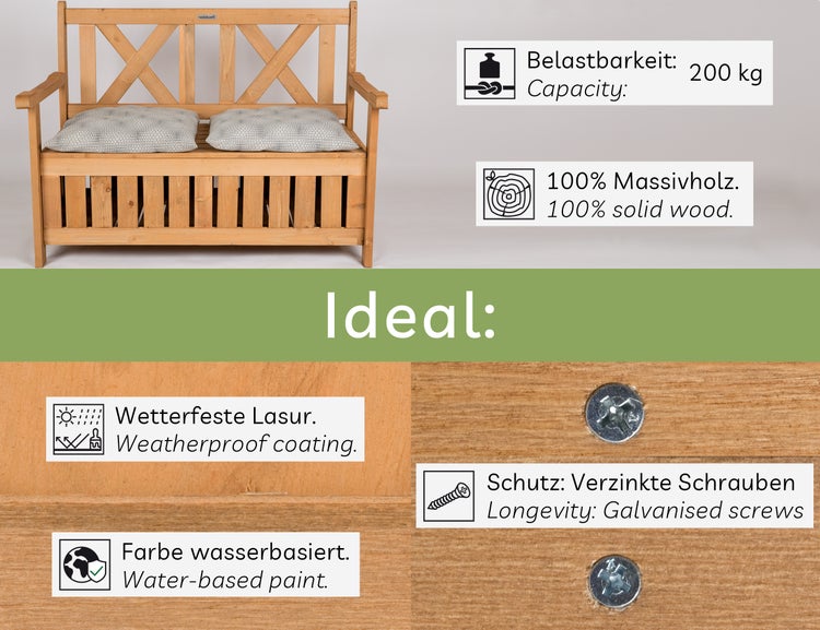 needs&wants® Gartenbank Holz wetterfest mit Stauraum und Abdeckung, 2-Sitzer Truhenbank Holzbank klassisch, Parkbank Sitzbank massiv Garten Outdoor mit Truhe, Naturholz Massivholz, dunkel-braun