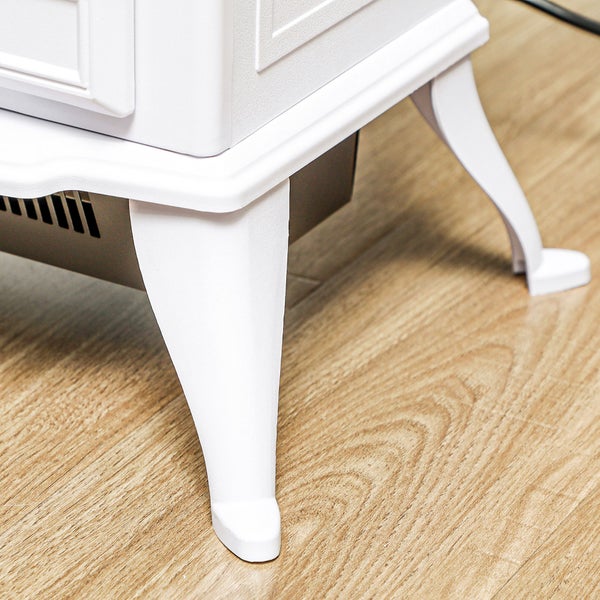 Detailansicht der Standfüße eines elektrischen Kaminofens auf Holzboden.
