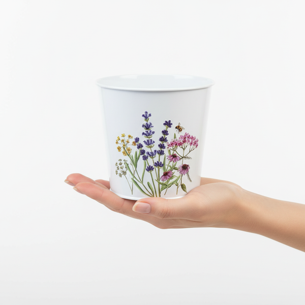 Blumentopf aus Metall mit Blumenmotiv, gehalten in einer Hand.