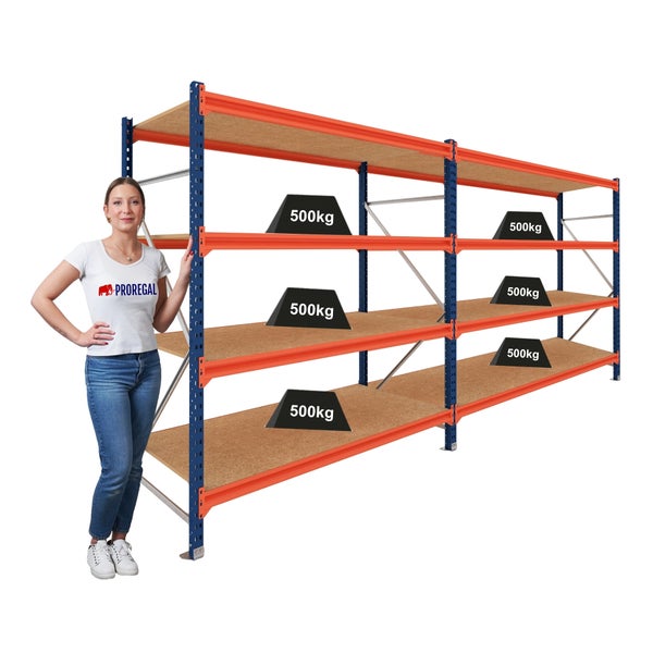 Weitspannregal aus Metall mit Holzfachböden, 3 Segmente, 4 Ebenen, Tragkraft 500 Kilogramm pro Boden, für Lager und Garage.