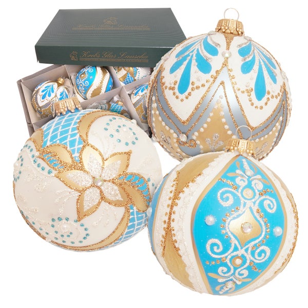 Kugeln Barock, Weiß/Blau/Gold Satin, 8cm, 6 Stck., Weihnachtsbaumkugeln, Christbaumschmuck, Weihnachtsbaumanhänger