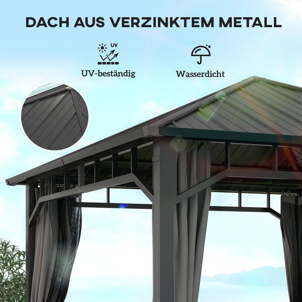 Pavillon mit einem Dach aus verzinktem Metall, beständig gegen ultraviolette Strahlung und wasserdicht.
