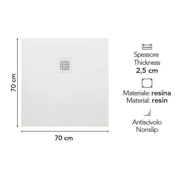 Quadratische Duschwanne aus Kunstharz, 70 mal 70 Zentimeter, Höhe 2,5 Zentimeter, rutschfest.