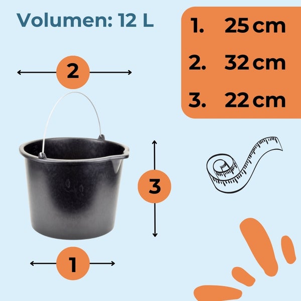 Schwarzer Eimer mit den Maßen 25 cm breit, 32 cm tief und 22 cm hoch, Volumen 12 Liter