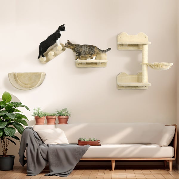 PawHut Katzen Kletterwand 4 tlg. Klettern Katzenkratzbaum mit Kaztentreppe, Hängematte, Sprungplatt, Wandkratzbaum, Wand Katzenmöbel für Katzen bis 5 kg, Polyester, Beige