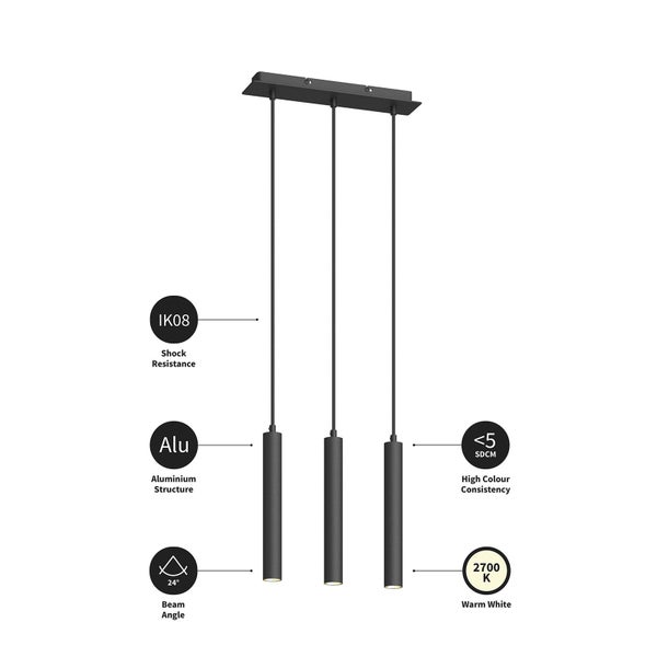 Dreiflammige Pendelleuchte aus Aluminium, Stoßfestigkeit IK08, Abstrahlwinkel 24 Grad, warmweißes Licht mit 2700 Kelvin.