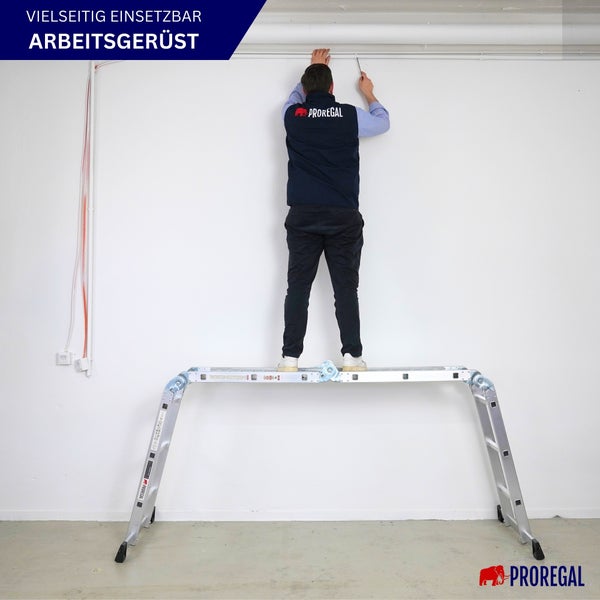 Sprossen-Mehrzweckleiter MULTISTEP mit TÜV/GS Zertifizierung und EN 131-Standard | mit Gerüstplattform | 4-teilig Aluminiumleiter | 4x3 Sprossen | bis zu 3,6 m Höhe | Traglast 150kg | Arbeitsgerüst, Stehleiter & Anlegeleiter