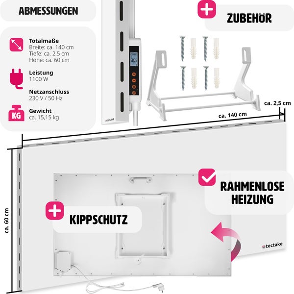 Hybrid Infrarotheizung tectake  einfache Wand- oder Deckenmontage, inklusive Ständer rahmenlos mit Thermostat weiß