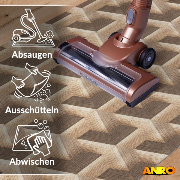 Teppich mit geometrischem Muster wird abgesaugt. Symbole für Absaugen, Ausschütteln und Abwischen. ANRO Logo.
