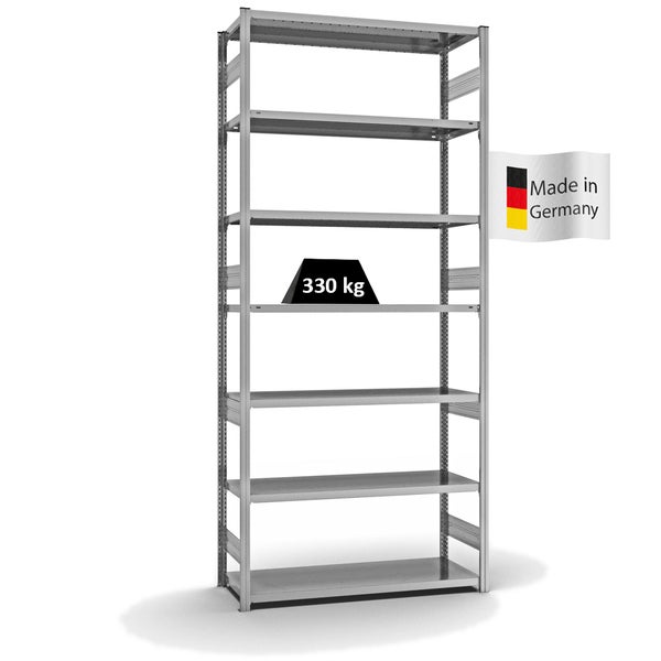 PROREGAL Fachbodenregal Stecksystem T-Profil Heavy-Duty Grundregal HxBxT 300 x 130 x 50 cm 7 Ebenen Fachlast 330 kg Beidseitig Nutzbar Verzinkt