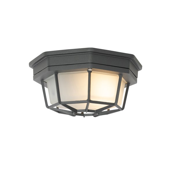 Sechseckige Außen-Deckenleuchte aus Metall in Anthrazit mit mattem Glas und Schutzgitter, eingeschaltet.