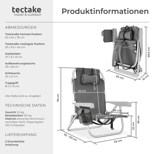 Strandstuhl tectake Coral rückseitige Kühltasche und Aufbewahrungstasche klappbar, mit Rucksackfunktion grau