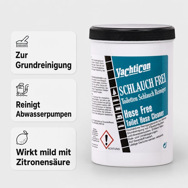 Yachticon Schlauch Frei Toiletten Schlauch Reiniger Pulver zur Grundreinigung und Reinigung von Abwasserpumpen auf Basis von Zitronensäure.