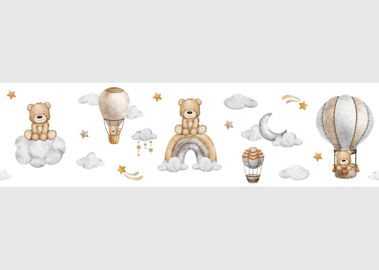 Bordüre für das Kinderzimmer mit Teddybären, Heißluftballons, Regenbögen, Wolken und Sternen im Aquarell-Stil.