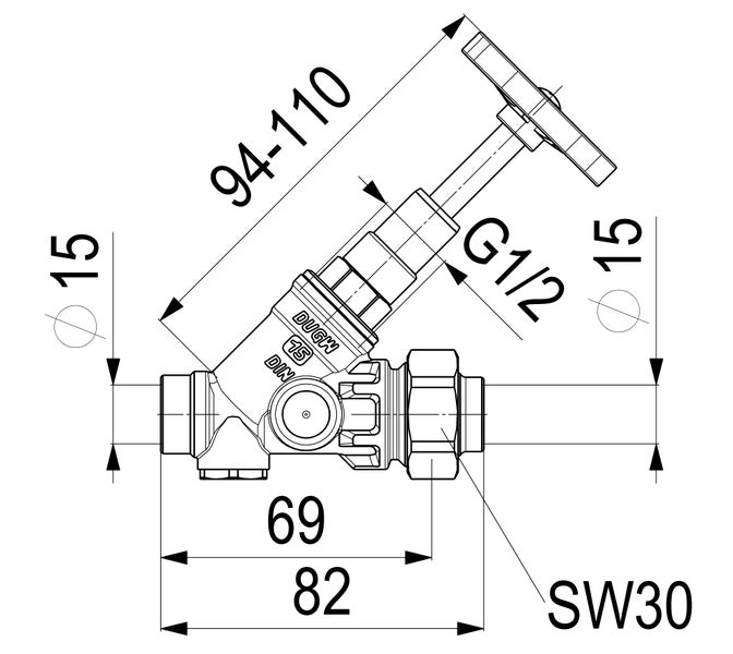 Maßzeichnung eines Schrägsitzventils mit Längen von 69 und 82 Millimetern, einer Höhe von 94 bis 110 Millimetern und G 1/2 Anschluss.