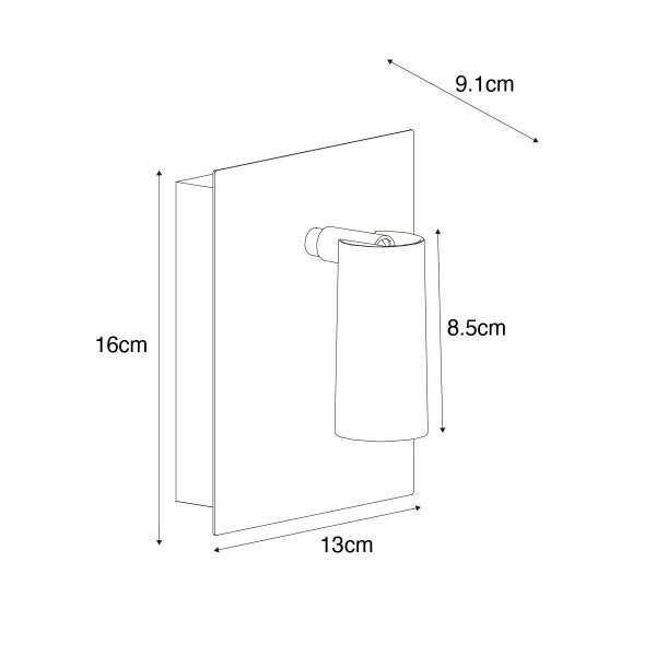 Maßzeichnung einer Wandleuchte: Höhe 16 Zentimeter, Breite 13 Zentimeter, Tiefe 9,1 Zentimeter, Zylinderhöhe 8,5 Zentimeter.