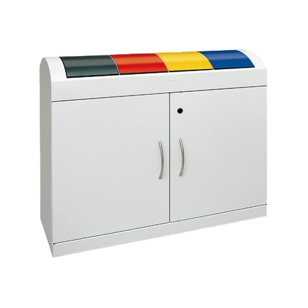 Abfalltrennsystem aus Metall mit vier verzinkten Innenbehältern, farbigen Einwurfklappen und zwei geöffneten Flügeltüren.