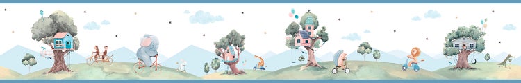 Bordüre mit Illustrationen von Tieren, Baumhäusern und Landschaften