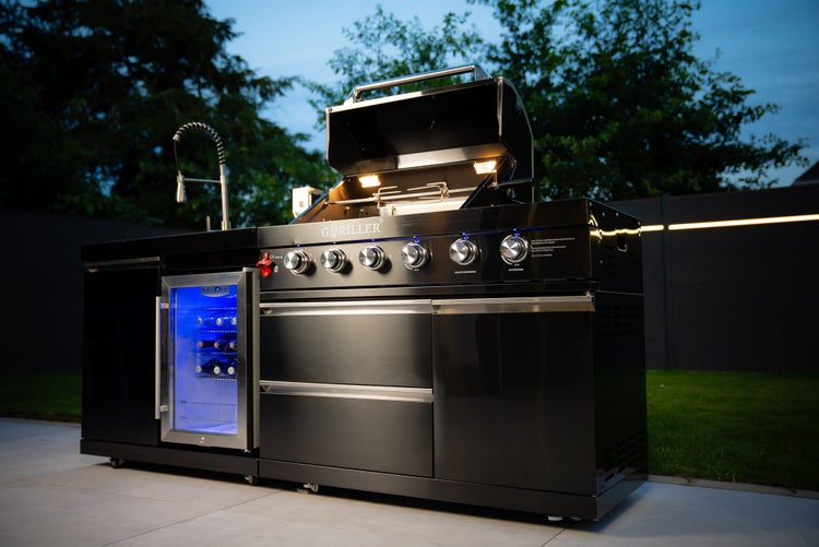 GORILLER® BLACKBACK S6 Outdoor-Küche, Gasgrill mit Kühlschrank-Waschbecken-Kombination, Edelstahl, Schwarz