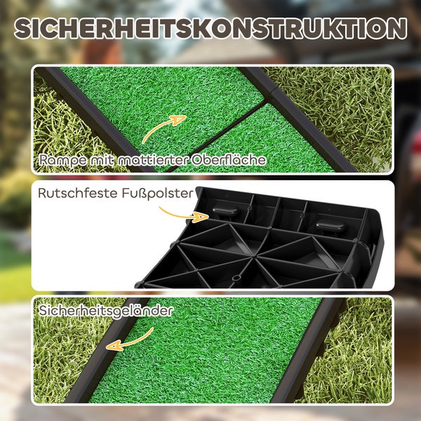 Sicherheitskonstruktion einer Hunderampe mit mattierter Oberfläche, rutschfesten Fußpolstern und Sicherheitsgeländer.