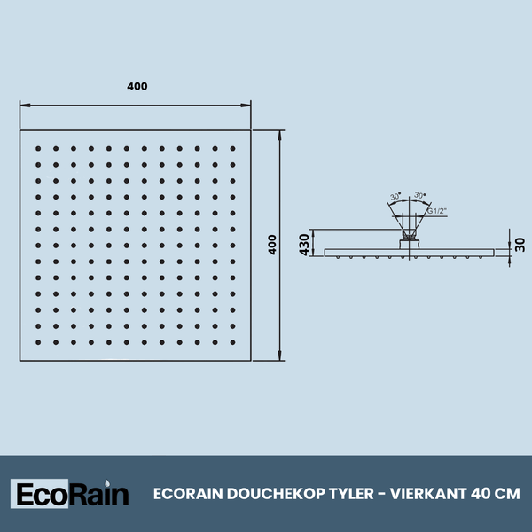 EcoRain 30% Wassersparender Regenduschkopf Tyler 40 CM Quadrat - Hoher Wasserdruck - Universeller Anschluss - Anti-Kalk Duschkopf - Chrom