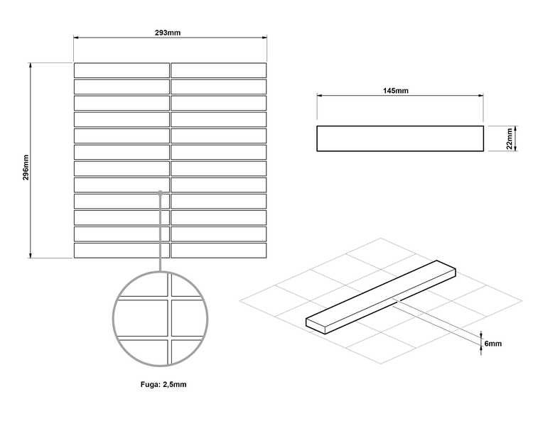 Technische Zeichnung eines Mosaiks: Blatt 293 mal 296 Millimeter, Stein 145 mal 22 mal 6 Millimeter, Fuge 2,5 Millimeter.