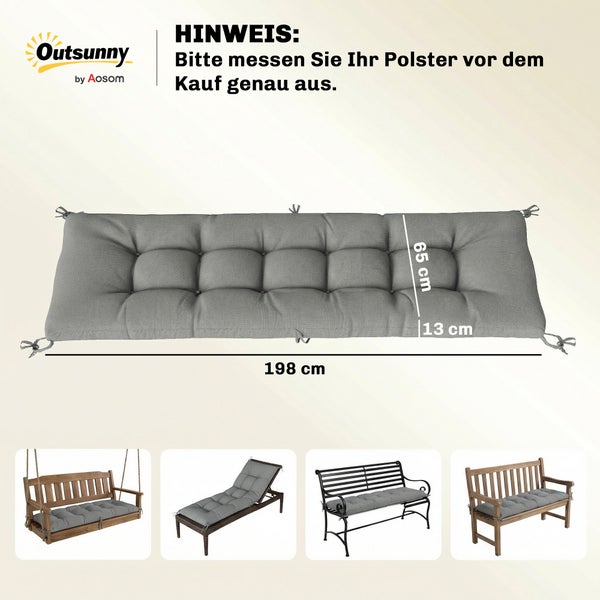 Outsunny Logo. Graue Polsterauflage für Bänke. Maße: 198 Zentimeter lang, 65 Zentimeter breit, 13 Zentimeter dick. Mit Verwendungsbeispielen.