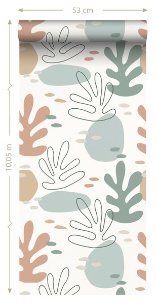 Tapetenrolle mit Blätter- und Punktmuster, 53 cm breit und 10,05 m lang