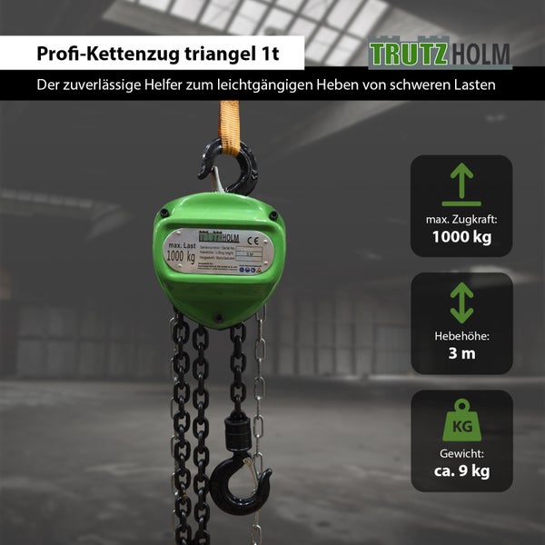 TrutzHolm Profi Kettenzug mit 1000 Kilogramm Zugkraft und 3 Meter Hebehöhe für schwere Lasten.