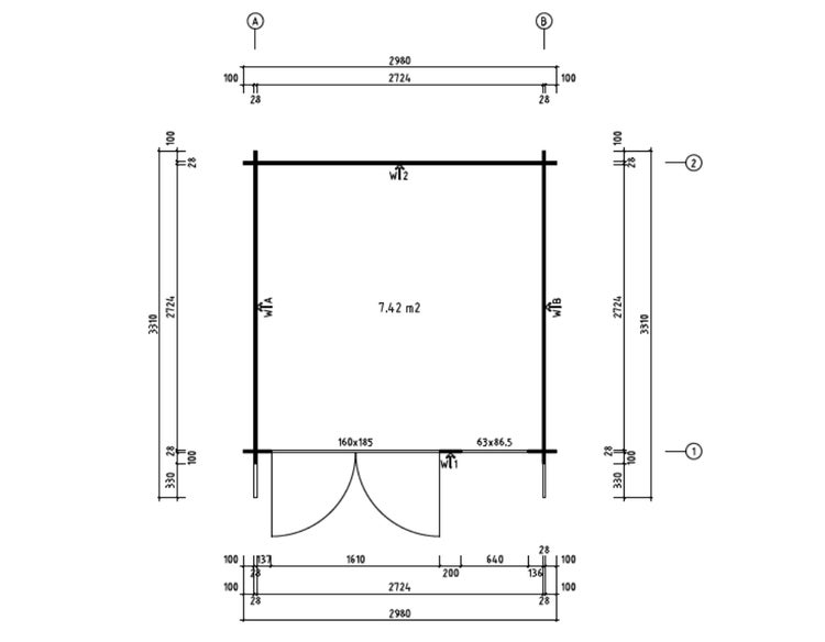 Grundrisszeichnung eines Gartenhauses mit Maßen