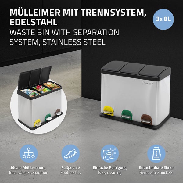 ML-Design Mülleimer Küche 3x 8L (24L), Silber, Mülltrennsystem 3 Fächer, Treteimer zur Mülltrennung, Abfalleimer aus Edelstahl mit Inneneimer aus Kunststoff & Klappdeckel, farblicher Kennzeichnung