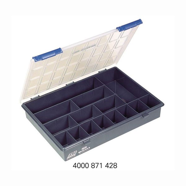raaco Sortimentskasten B 338 x T 261 x H 57 mm 15 Fächer transparent / dunkelblau - 136174