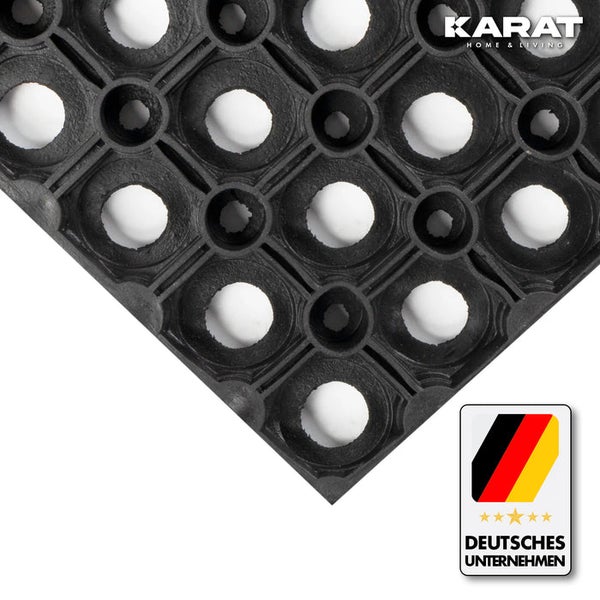 Detailansicht einer Gummiringmatte mit Wabenstruktur, Karat Home & Living Logo, Symbol für ein deutsches Unternehmen.
