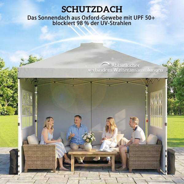 Pavillon mit Schutzdach aus Oxford-Gewebe, Ultraviolett-Schutzfaktor 50 Plus und Ablauflöchern. Vier Personen auf Loungemöbeln im Garten.