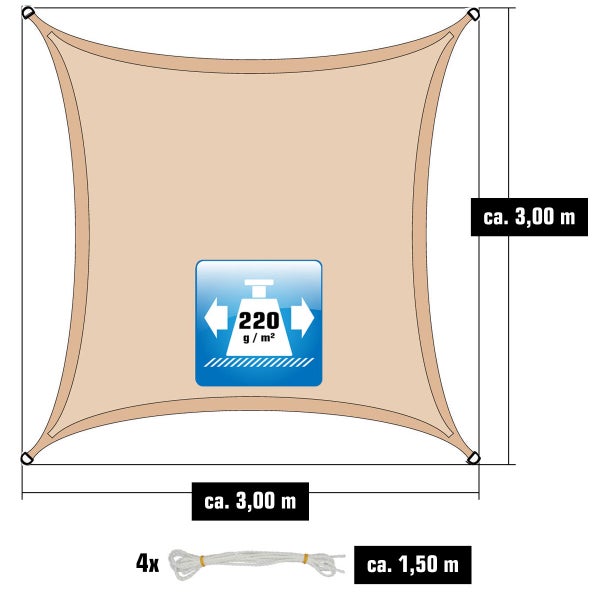 AMANKA 3x3 Sonnensegel Viereckig Atmungsaktiv - Quadrat Sonnenschutz Segel mit Edelstahl Befestigung