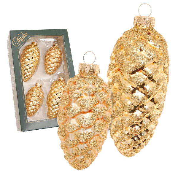 Glas-Tannenzapfen Gold Glanz/Satin mit Gold-Glitter, 4er Set (2 klein 8cm + 2 groß 10cm), 4 Stck., Weihnachtsbaumkugeln, Christbaumschmuck, Weihnachtsbaumanhänger