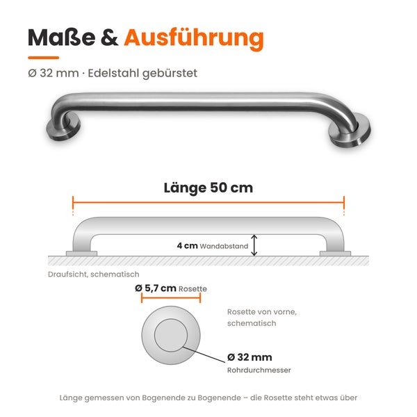 Technische Zeichnung eines fünfzig Zentimeter langen Haltegriffs aus gebürstetem Edelstahl mit zweiunddreißig Millimeter Rohrdurchmesser.
