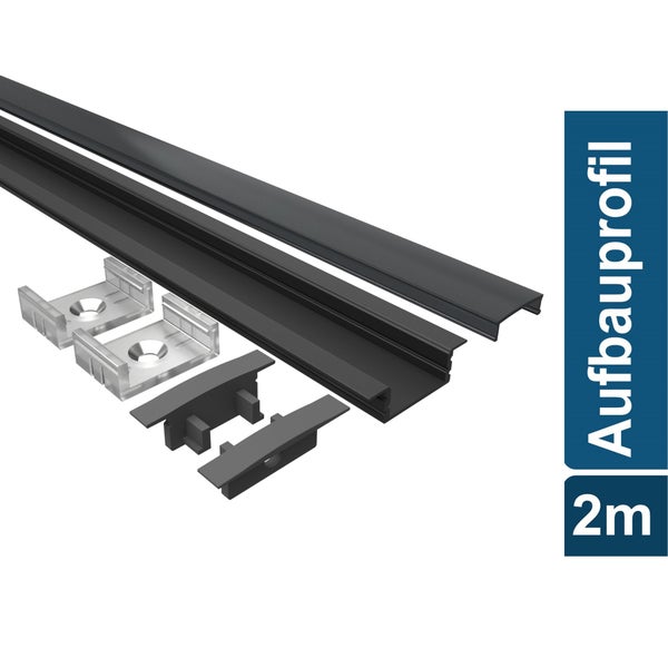 TIVENDIS Led Alu Profil 2 m EF Komplett Set für Strip / Streifen bis 12 mm breit | Abdeckung schwarz, Endkappen |  Einbau Fußleisten Flachprofil eloxiert