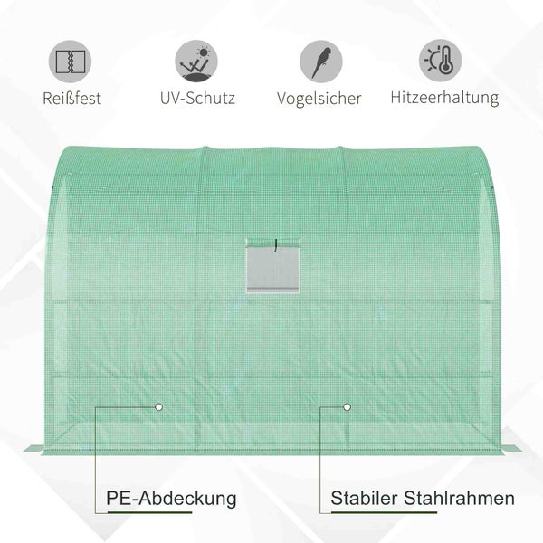 Outsunny Gewächshaus mit Regale Fenster, winterfest Foliengewächshaus aus Stahl, wandmontiert Treibhaus für Balkon, Garten, Tomatenhaus 300x150x213cm Tomatengewächshaus für Gemüse Blumen Pflanzen Grün