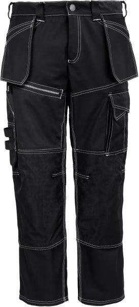 Schwarze Arbeitshose mit kontrastierenden weißen Nähten, Knietaschen und zahlreichen Taschen für Werkzeuge.