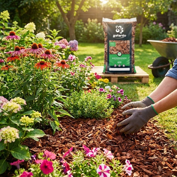 Hände mit Gartenhandschuhen verteilen Galamio Kiefernrinde in einem sonnigen Blumenbeet mit Echinacea, im Hintergrund steht ein Sack Rindenmulch.
